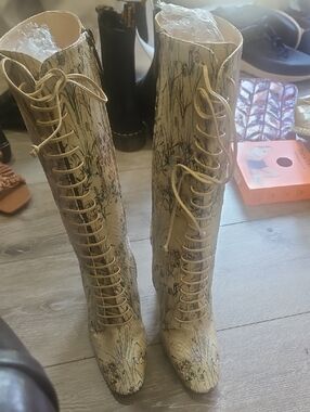 Bottega Veneta Floral Lace-Up Knee-High Boots in Cream Multi Color Size 37